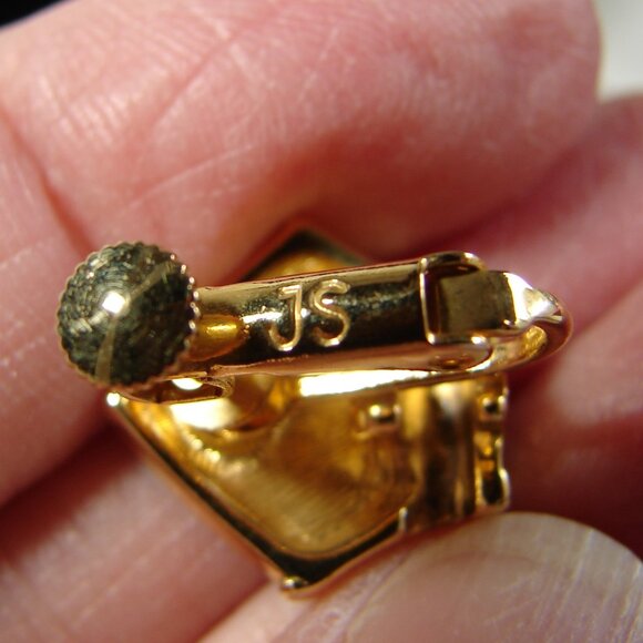 Vtg 80's JS Clip-On EARRINGS, Gold Tone w/Dark Teal Enamel F77 - Picture 5 of 6